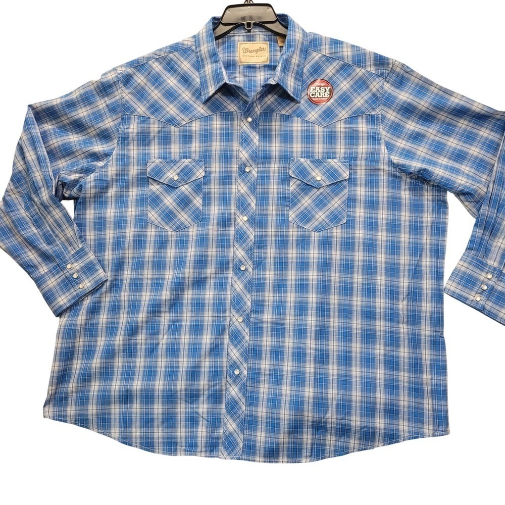 Wrangler Western Shirt Mens 3XL Blue Plaid Long Sleeve Snap  Cowboy Easy Care